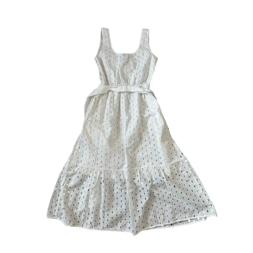 J.Crew Petite Old Money Minimalist White Eyelet Belted Midi Dress P0